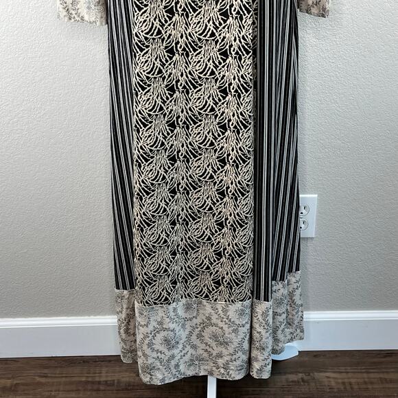 Black Stripe Floral Mixed Print 3/4 Sleeve Eclectic Boho Maxi Shift Dress Medium - Picture 5 of 14